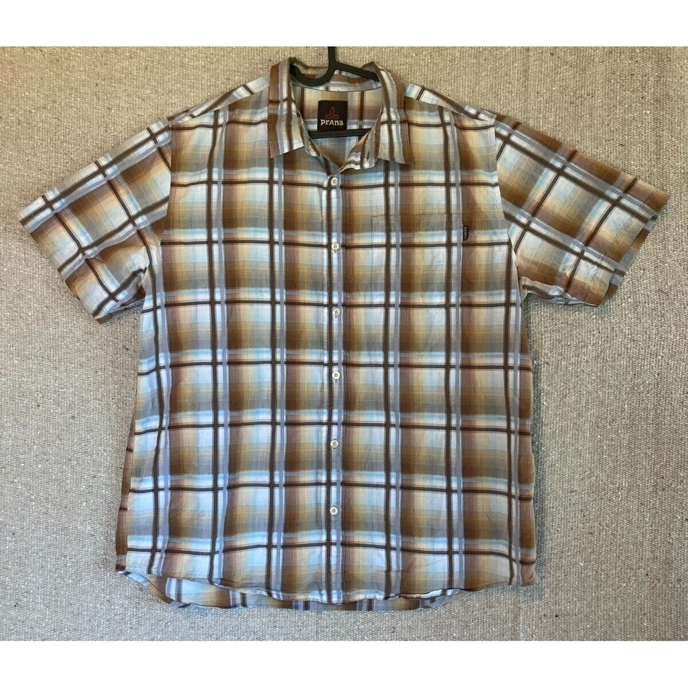 Mens Sz XL Prana Short Sleeve Button Up Shirt Plaid Brown Striped